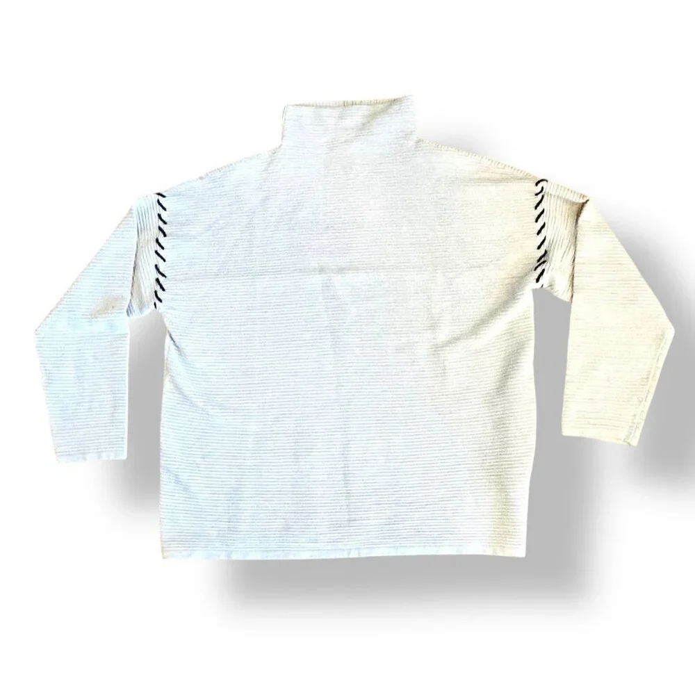 Tahari Women’s Sweater‎ XL Beige Ribbed Turtleneck Pullover Black Stitch Detail - Picture 5 of 16